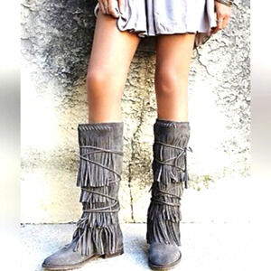 FREE PEOPLE Faryl Robin Madge Songbird Charcol Leather Fringe Knee Boot Sz 9